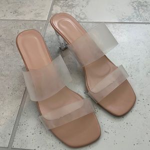 Clear strap heeled mules